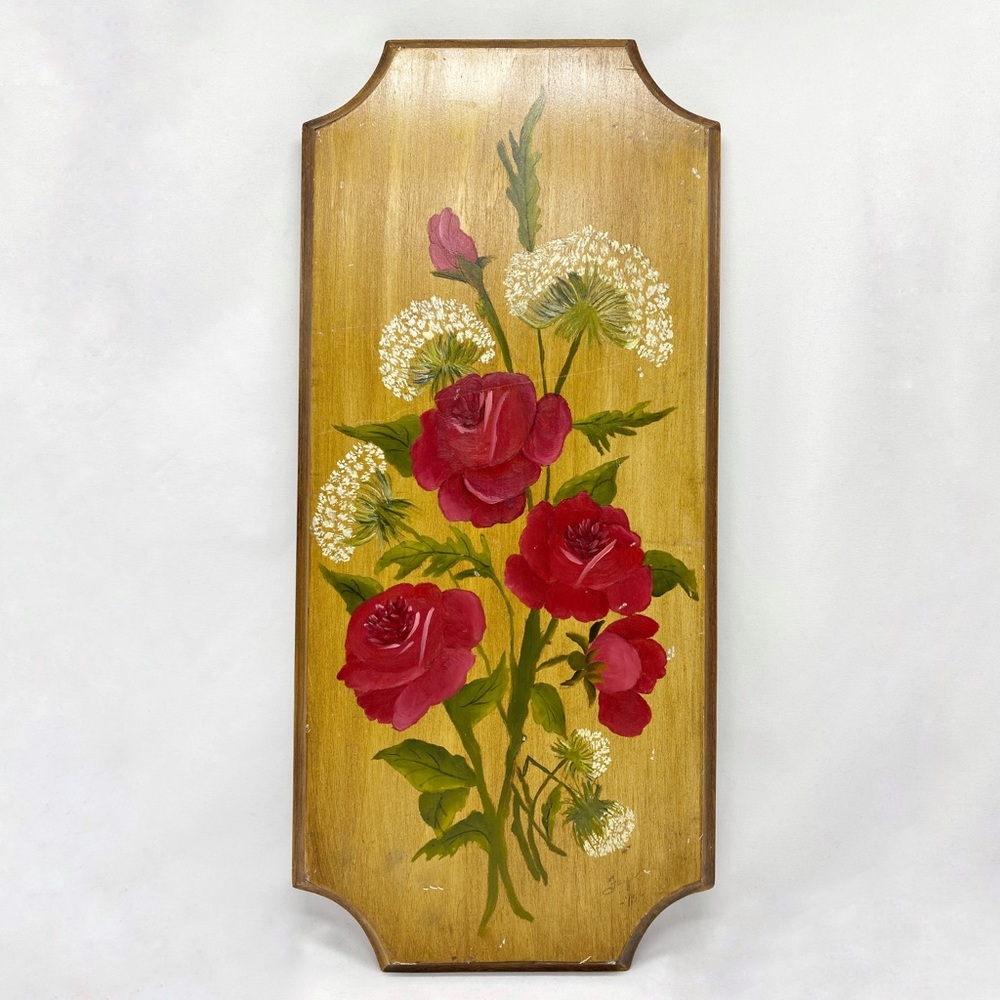 Vintage 70's Red Roses Painted Wood Plaque Art Signed